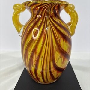 Murano Style Art Glass Case Amber‎ Red Swirl 8" Hand Blown With Handles